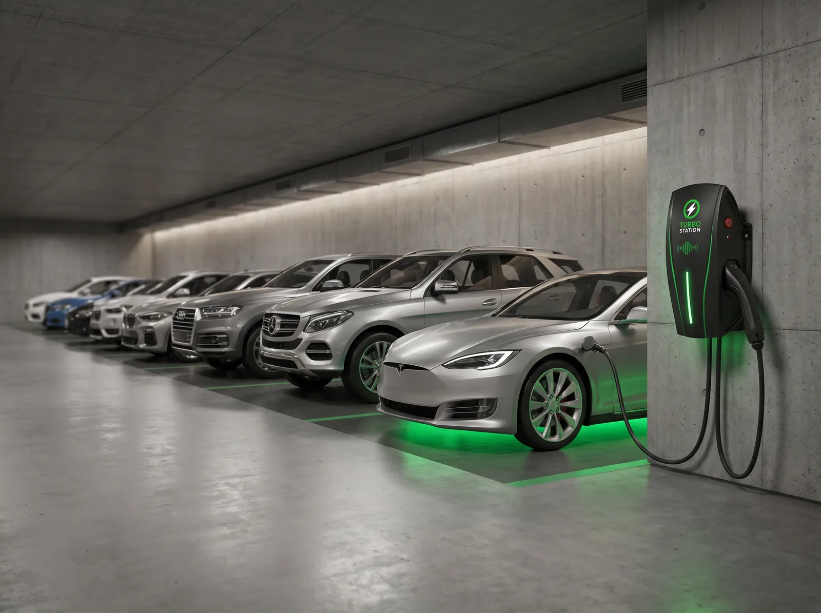 Carregador de parede Turbo Station instalado em garagem de condomínio